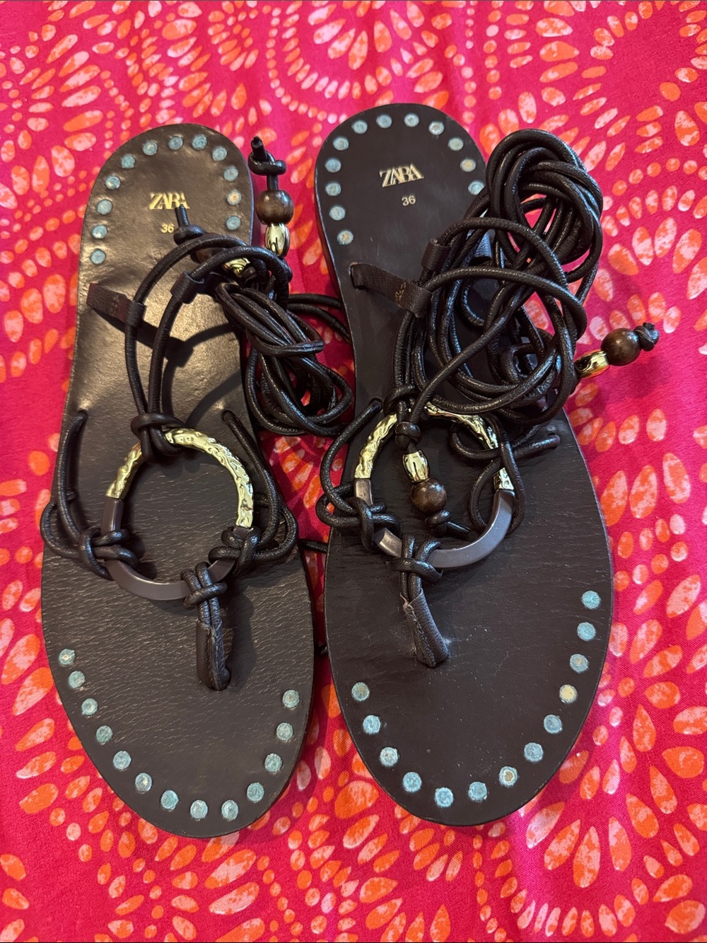 Zara Black Leather Lace-Up Sandals with Gold Ring Accents